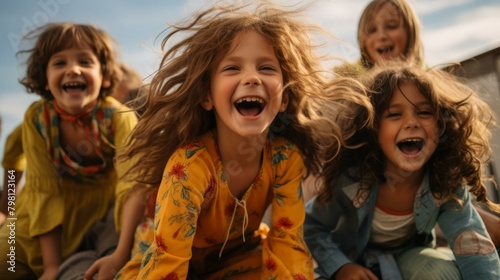 b'Portrait of a cheerful group of children laughing together'