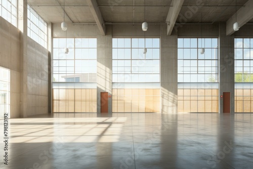 b Large empty room with concrete walls and large windows 