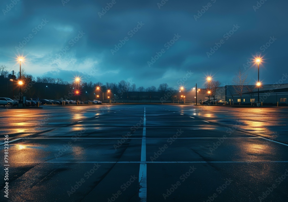 b'Night view of an empty parking lot with street lights on'