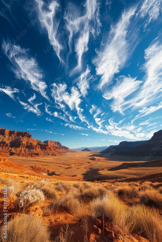 b'Arid desert landscape with blue sky and white clouds'