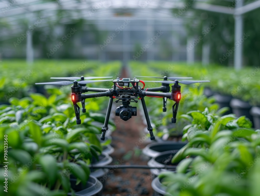 b'A drone is flying over a greenhouse full of green plants.' b'A drone is flying over a greenhouse full of green plants.'