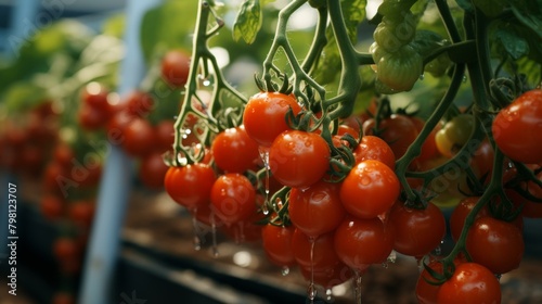 b'Close-up of ripe tomatoes growing in a greenhouse'