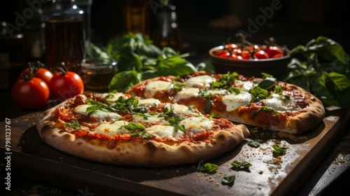 b'half pizza with basil and tomatoes'