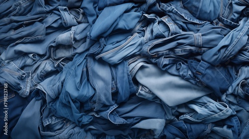 Denim background. Variety of crumpled blue jeans. Top view to stack of jeans denim. © hamad