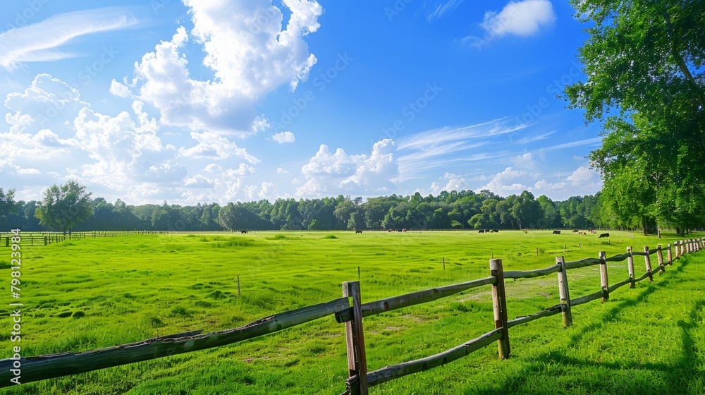 b'Farm with green grass and blue sky'