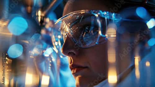 Image of the R&D center with portrait of engineers wearing protective glasses researching a new energy source