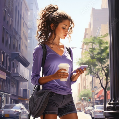 b'A young woman is walking down the street while looking at her phone' photo