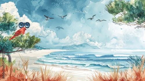 A watercolor painting of a beach scene with a red bird wearing binoculars perched in a tree.