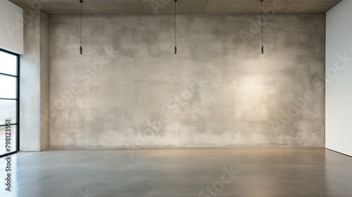 b'Three pendant lights hanging from a raw concrete ceiling'