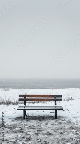 b'Lonely bench on the beach in winter'