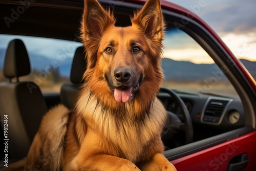 b"brown long-haired German Shepherd dog sitting in the driver's seat of a red truck"