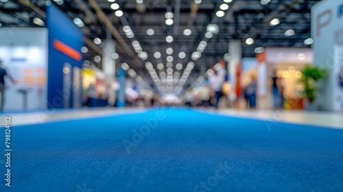 b'Blurred image of a blue carpet in a convention center with people walking in the background' photo