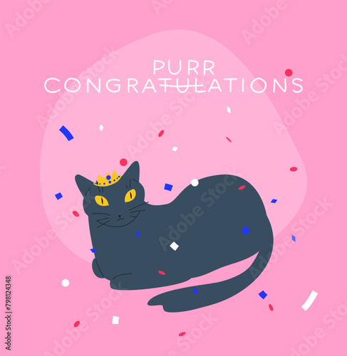Party cat vector illustration. Serious russian blue kitty in a small crown under confetti. Birthday or christmas card with funny cat and congratulations text.