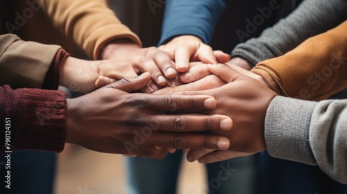 b A group of diverse people joining their hands together 