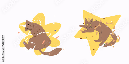 Party playful cat vector illustration. Adorable pets with garlands and confetti on abstract form. Cute card, postcard, poster or sticker.