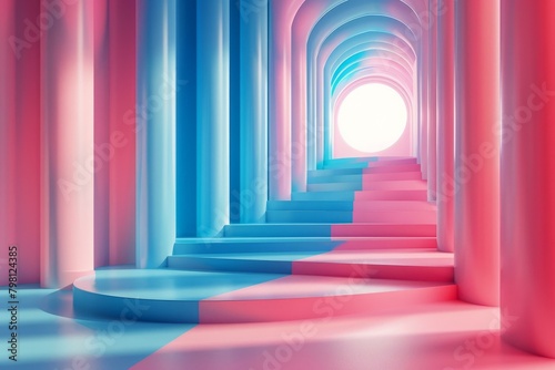 b Pink and blue pastel color 3D rendered background with stairs and archways 