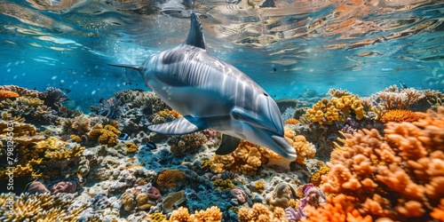 b A bottlenose dolphin swims over a vibrant coral reef in the Red Sea. 