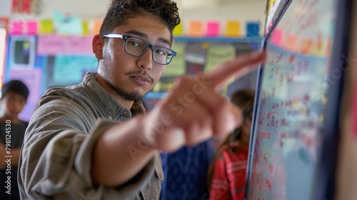 Young man with glasses pointing at blackboard in classroom