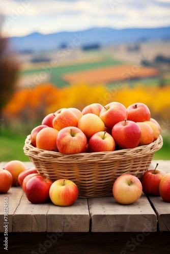 b A basket full of red and yellow apples on a wooden table with a blurred background of a field 