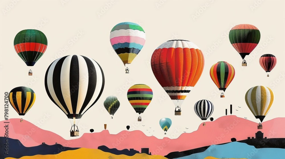 Hot air balloons of various colors and patterns float through the sky over a mountain landscape.