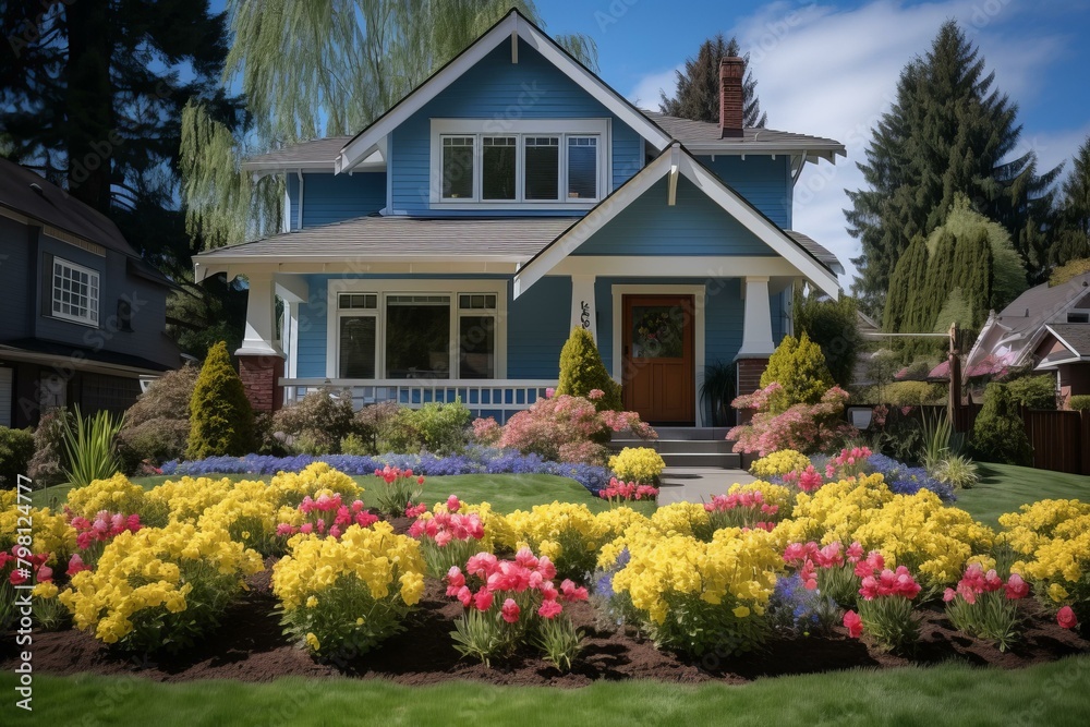 Fototapeta premium b'Colorful flowers in front of a blue house'