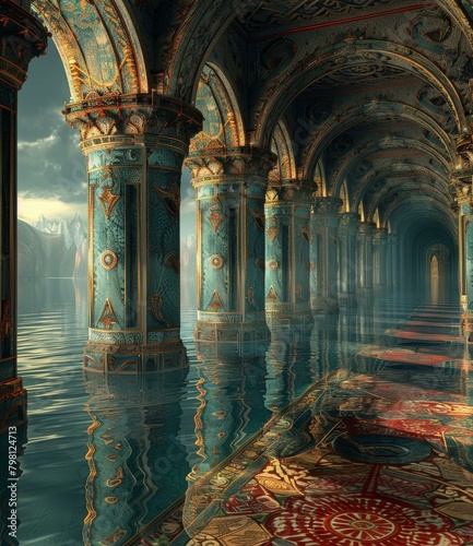 ornate hallway with water reflecting the ceiling photo