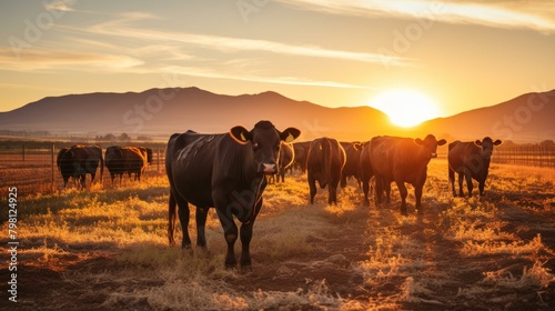 b'Cattle grazing in a pasture at sunset'