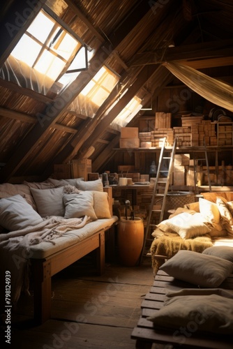 b'Cozy attic bedroom with skylights and a sitting area'