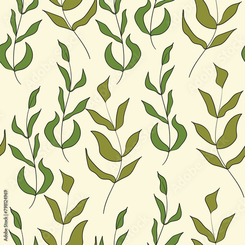 Spring seamless color pattern with sprigs. Vector stock illustration for fabric  textile  wallpaper  posters  paper. Fashion print. Branch with leaves. Doodle style
