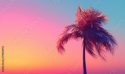 A palm tree stands against a vibrant sunset sky with pink and blue hues. Generate AI © VinaAmeliaGRPHIC