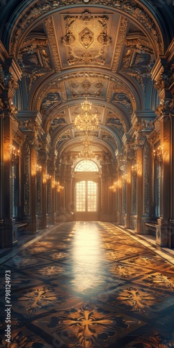 ornate hallway with marble floor and golden walls