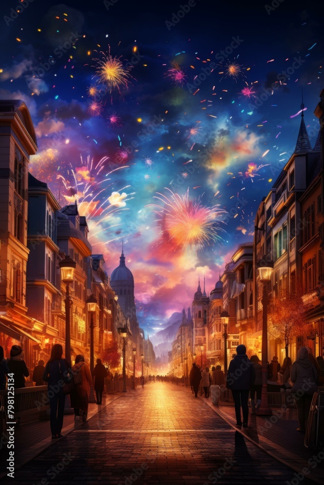 b'A lively and crowded European city street with people walking by shops and cafes under a beautiful night sky lit up by fireworks'