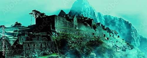 The ancient city of Machu Picchu, high in the Andes Mountains of Peru. photo