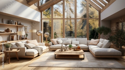 b'A modern living room with a large windows' photo