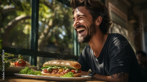 b Laughing man eating a sandwich 