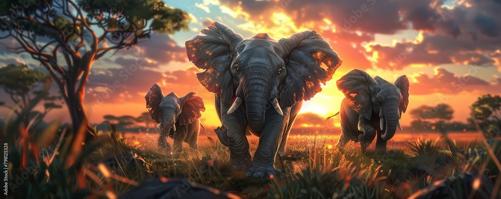 Three elephants running in the African savannah at sunset