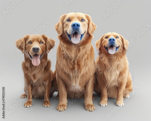 Three golden retrievers sitting in a row against a grey background