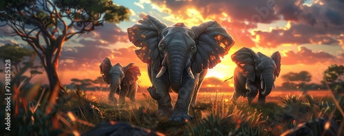 Three elephants running in the African savannah at sunset