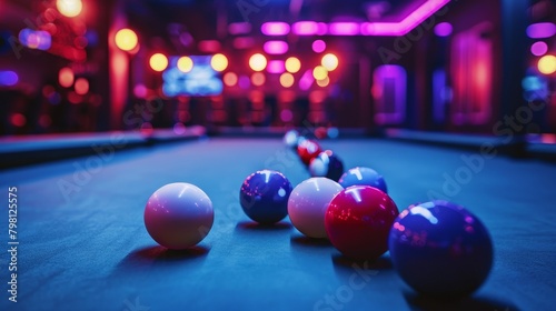 Stylish billiards night club ambient shot with comfortable seating and lively bar area photo