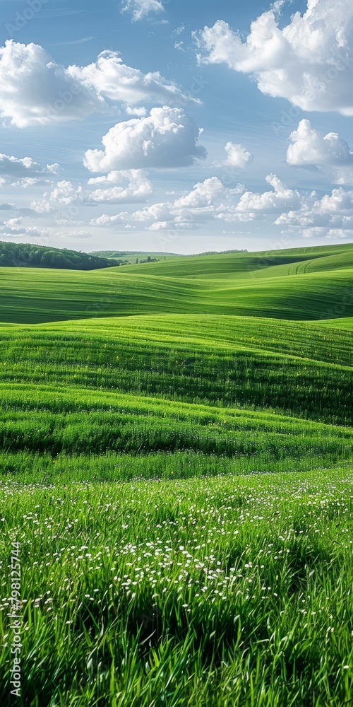 b'Green rolling hills under blue sky and white clouds'