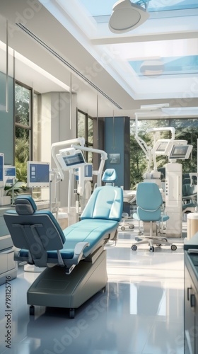 b The interior of a modern dental clinic with blue dental chairs and large windows 