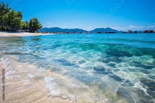 b'The crystal clear water of a beach with a small island in the distance'