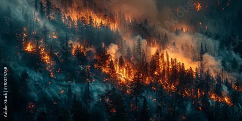 Fiery Wildfire Engulfing Forest at Twilight, Vibrant Flames Rising