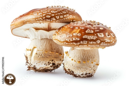 b'Two brown mushrooms with white spots on a white background' photo