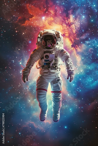 b'Astronaut in spacesuit with colorful nebula and stars in the background'