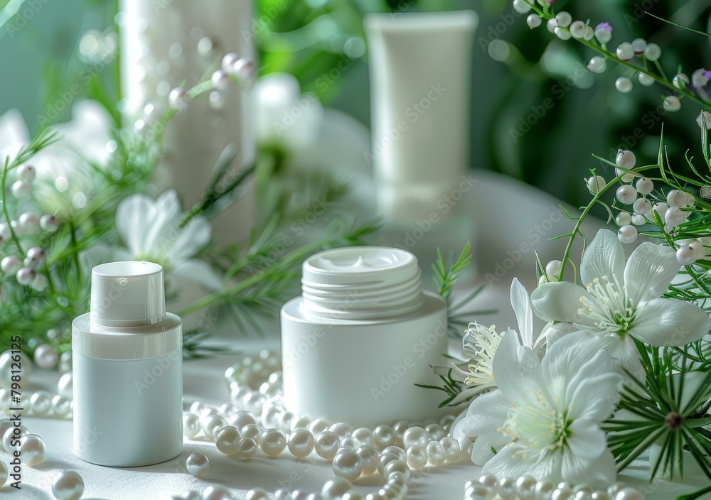 b'Close up of skincare products with white flowers and pearls'