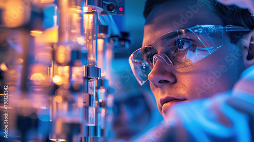 Image of the R&D center with portrait of engineers wearing protective glasses researching a new energy source