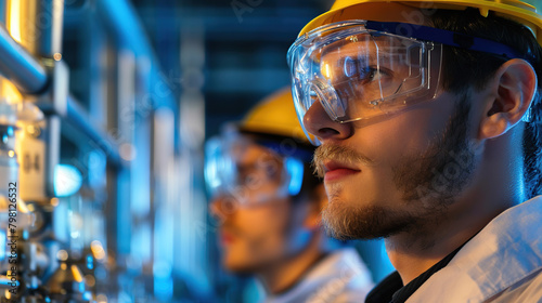 Image of the R&D center with portrait of engineers wearing protective glasses researching a new energy source