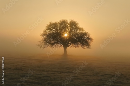 b'The sun shines through the branches of a tree in the middle of a foggy field'