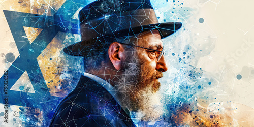 The Israeli Flag with a Rabbi and a Technological Innovator - Picture the Israeli flag with a rabbi representing Judaism and Israeli culture, and a technological innovator symbolizing Israel's advance